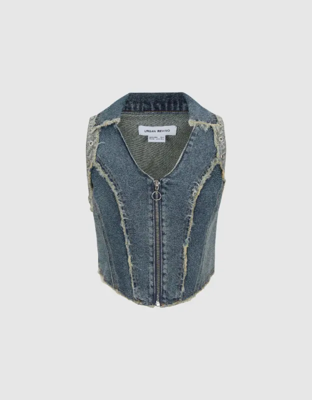 Zipper Front Denim Waistcoat made by Urban Revivo