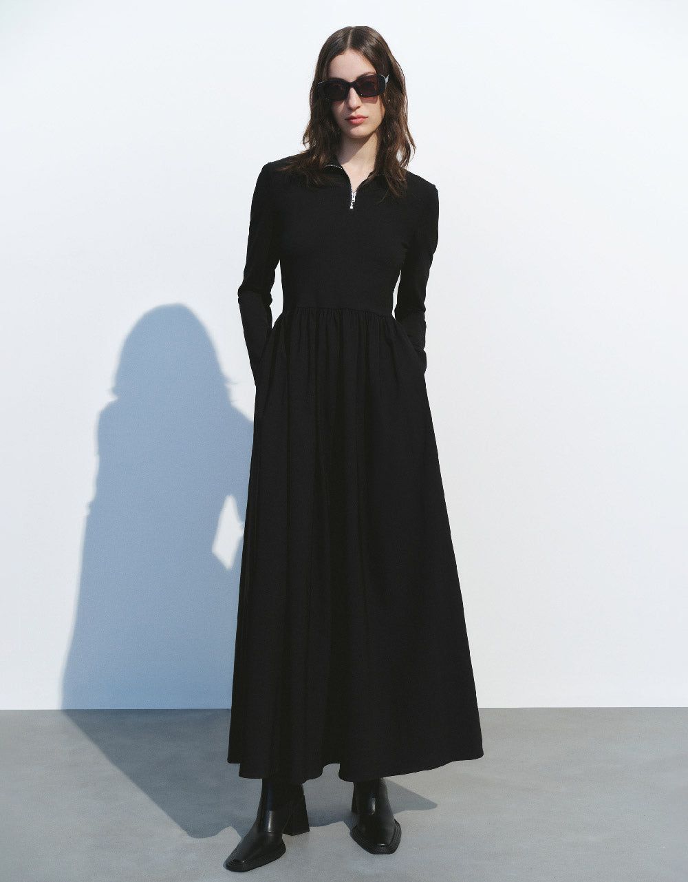 Zip Half Placket Stand Collar A-Line Dress sold by Urban Revivo