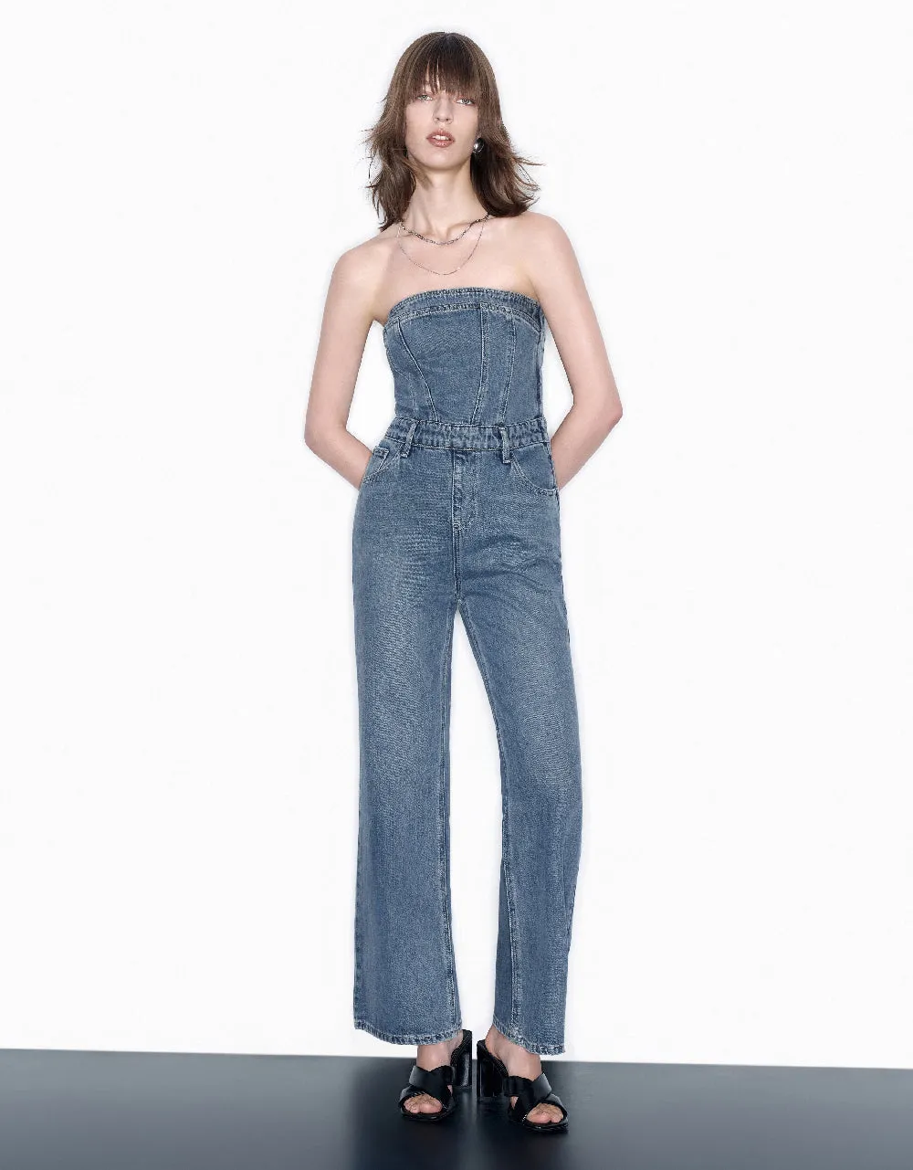 Off-Shoulder Denim Jumpsuit sold by Urban Revivo