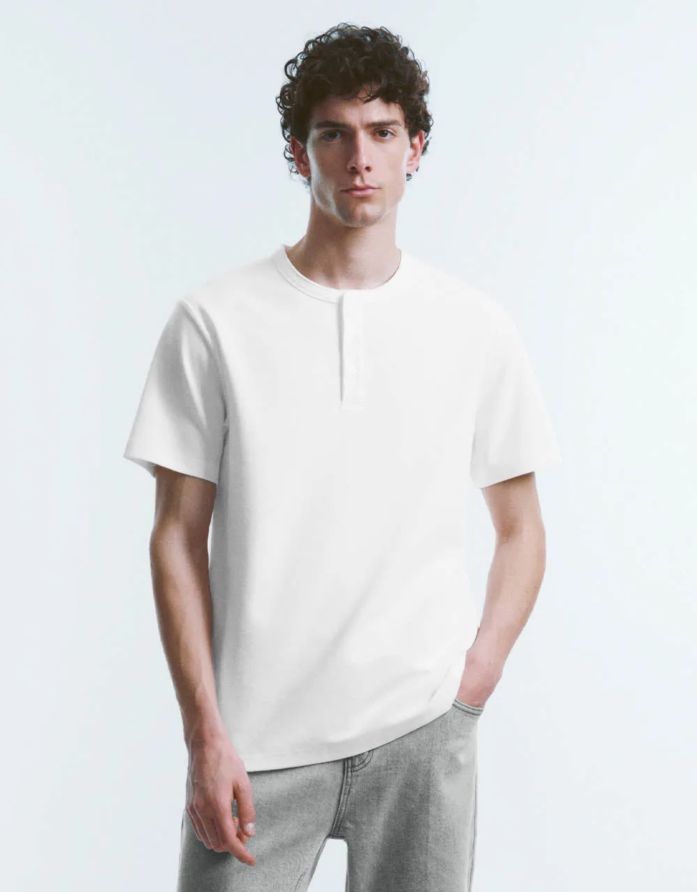 Button Half Placket Crew Neck Straight T-Shirt sold by Urban Revivo