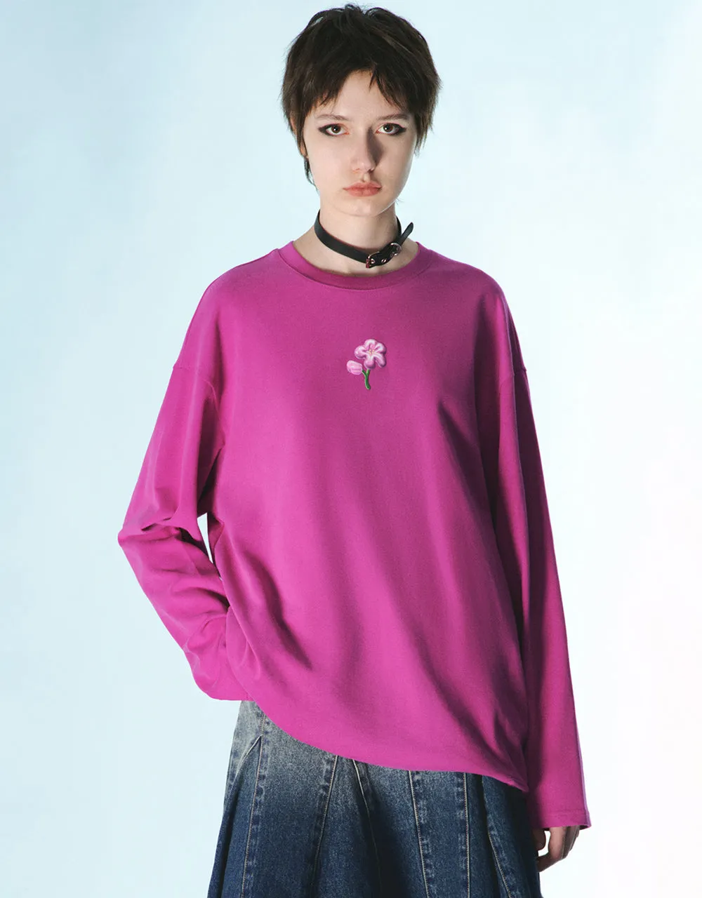 Flower Embossed Crew Neck Loose T-Shirt sold by Urban Revivo