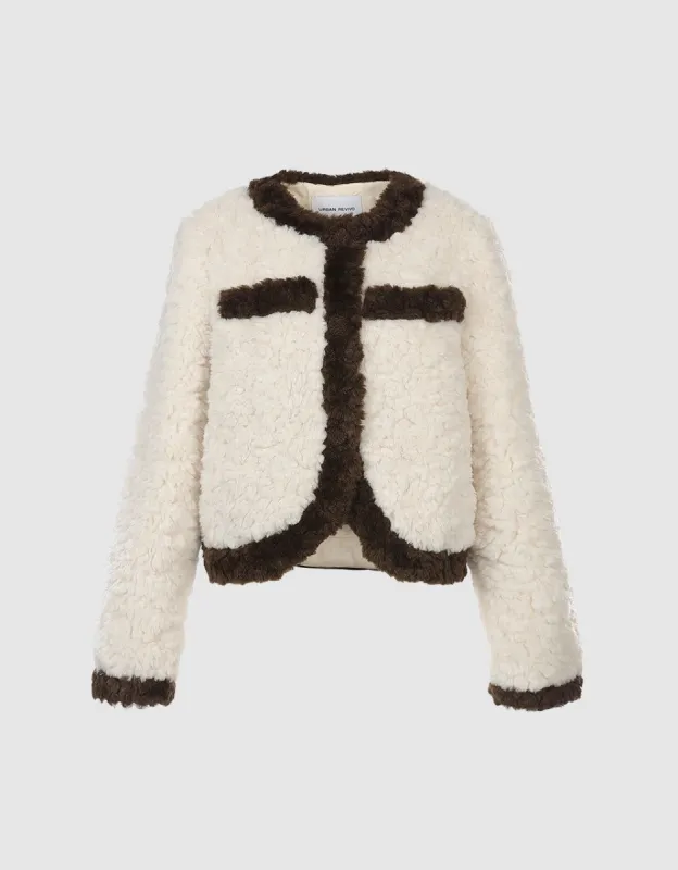 Contrast Color Cropped Teddy Coat sold by Urban Revivo