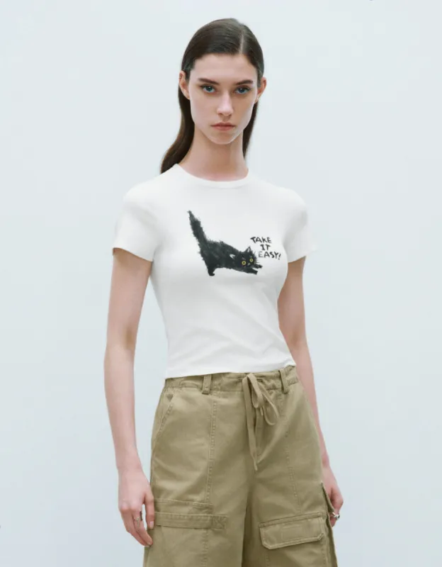 Cat Printed Crew Neck Skinny T-Shirt sold by Urban Revivo