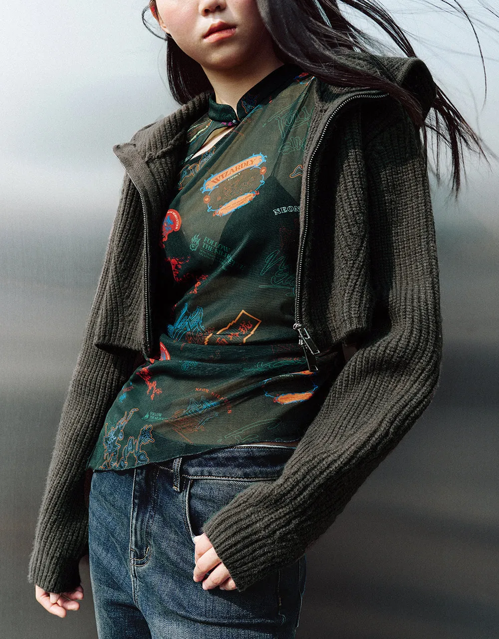 Zipper Front Hooded Knitted Cardigan sold by Urban Revivo product image thumbnail 2