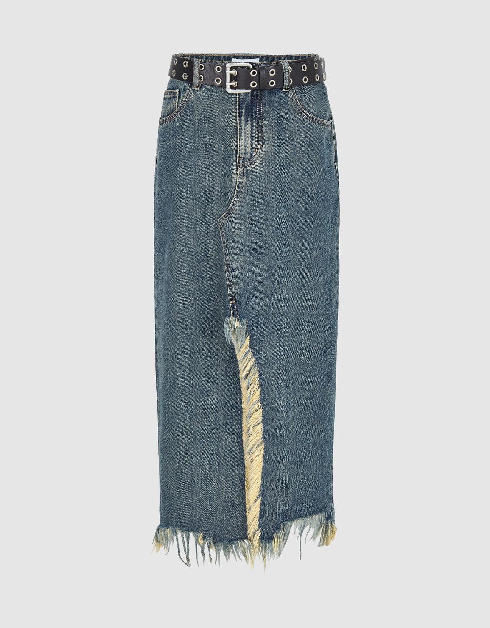 Raw Hem Straight Denim Skirt sold by Urban Revivo