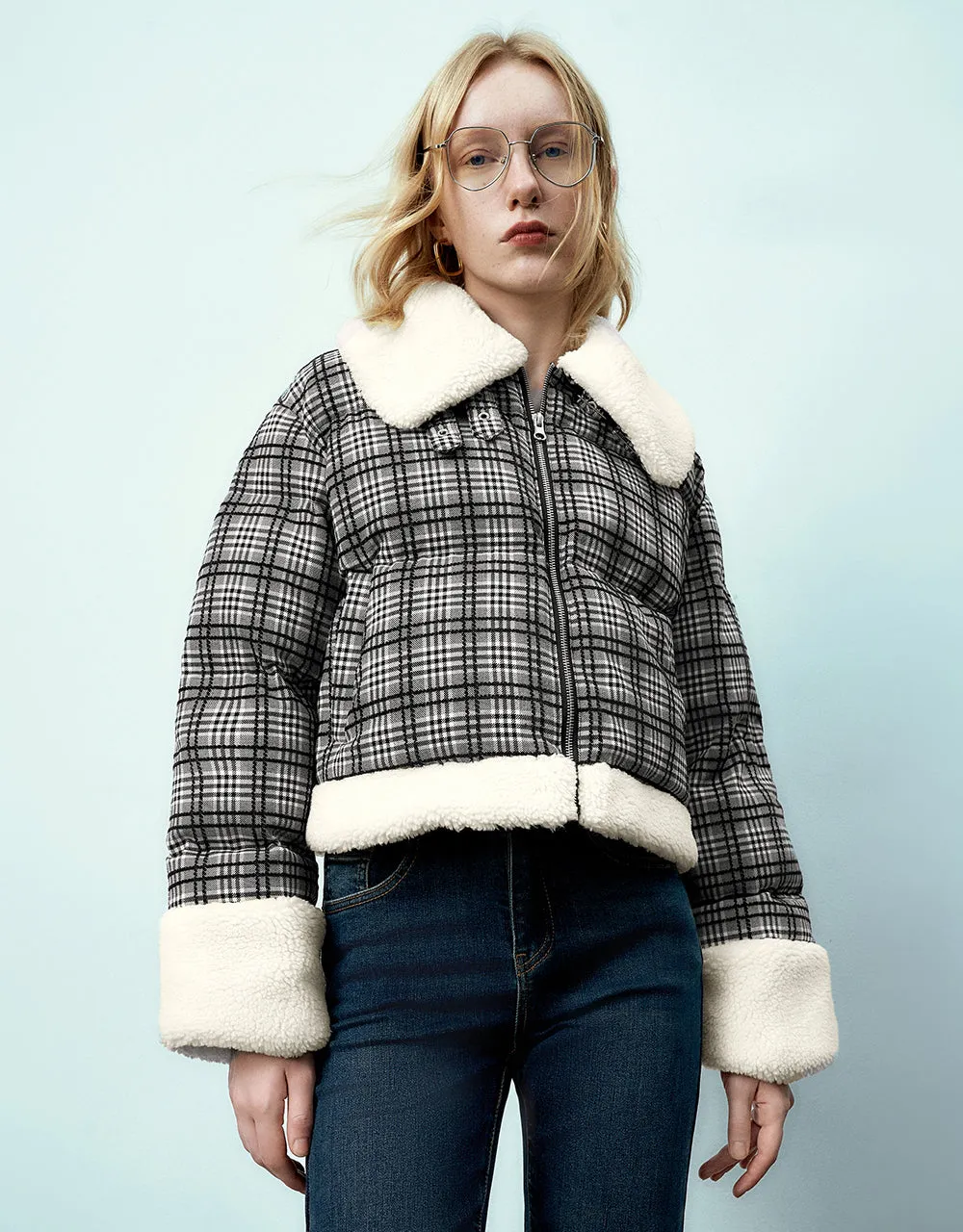 Zipper Front Plaid Furry Padded Coat sold by Urban Revivo