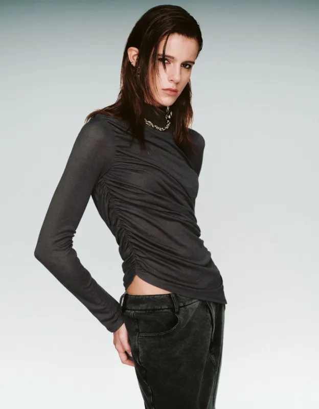 Ruched Turtle Neck Skinny T-Shirt sold by Urban Revivo