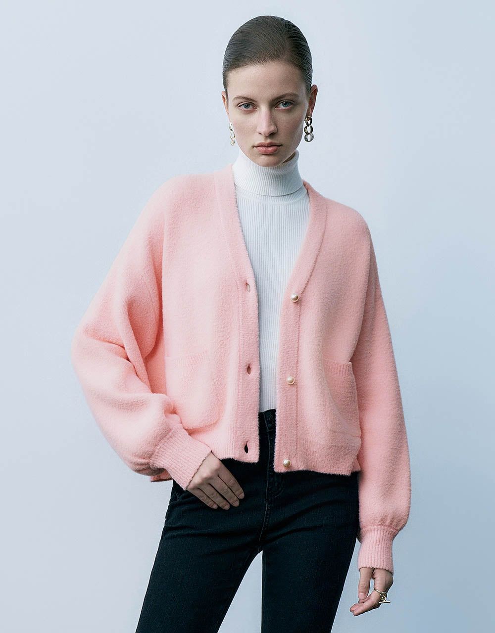 Faux Pearl Button Furry Knitted Cardigan sold by Urban Revivo