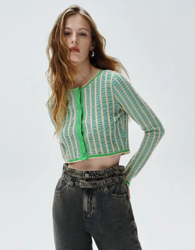 Striped Crew Neck Knitted Cardigan sold by Urban Revivo