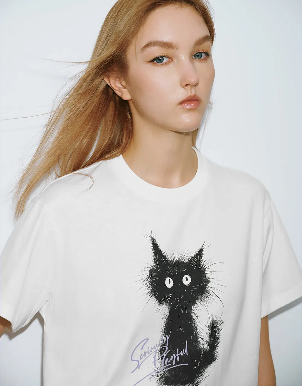 Cat Printed Crew Neck Straight T-Shirt sold by Urban Revivo product image thumbnail 4