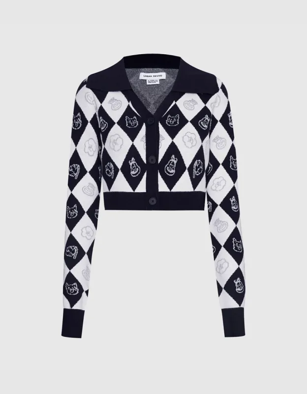 Argyle Contrast Collar Button Up Cardigan sold by Urban Revivo