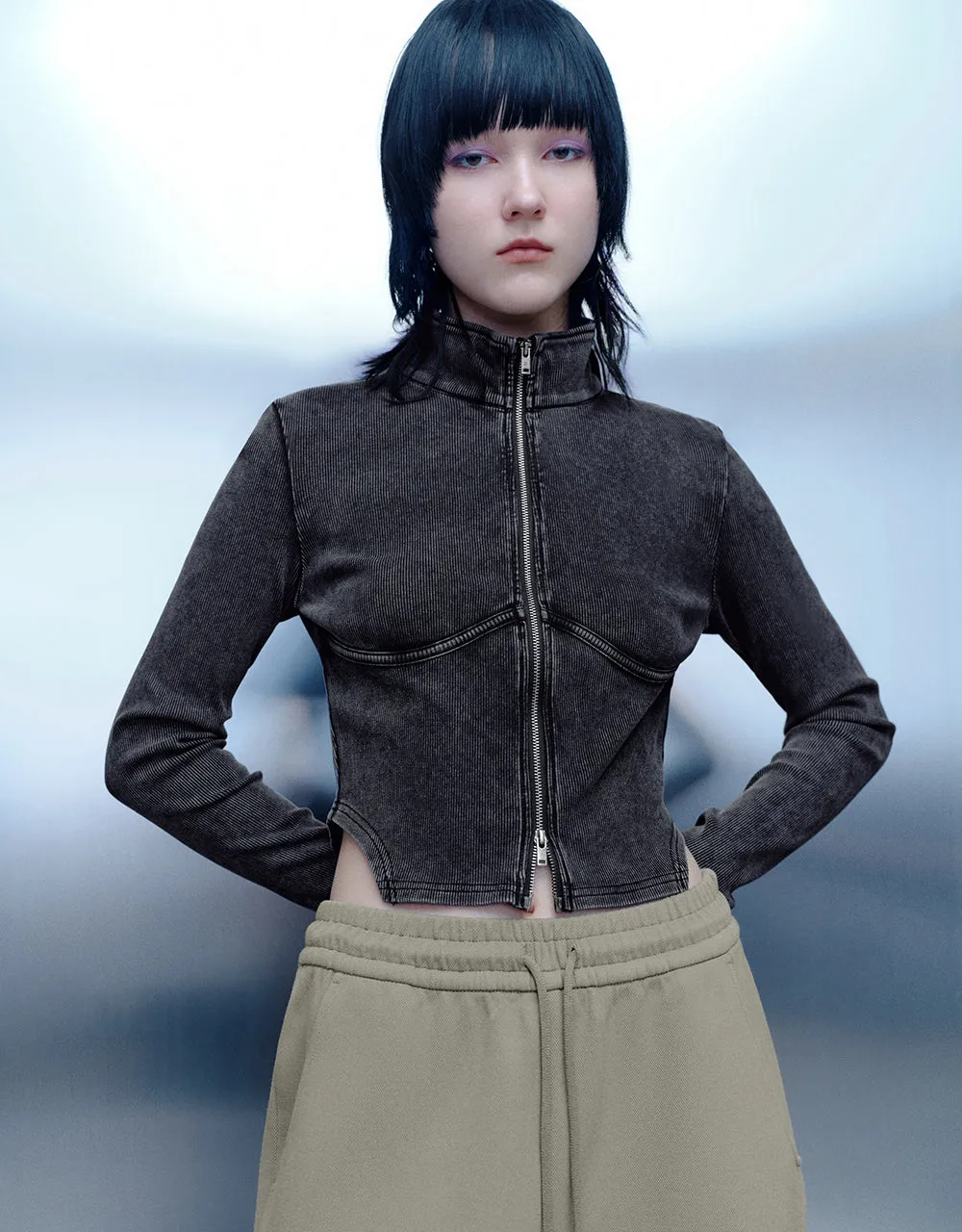 Zipper Front Stand Collar Knitted Shirt sold by Urban Revivo