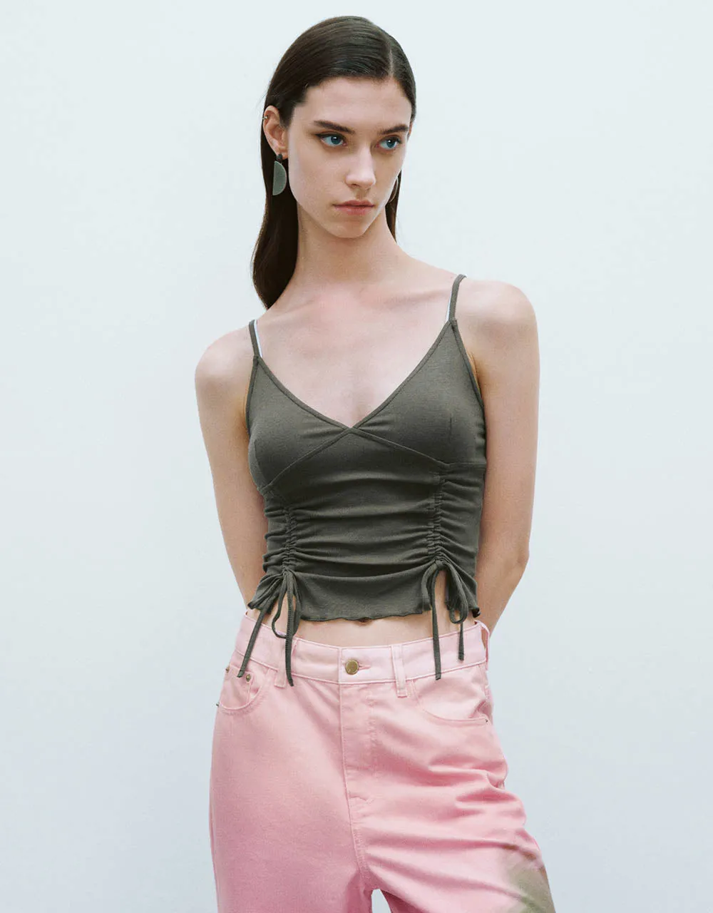 Lace Up V-Neck Cropped Cami Top sold by Urban Revivo