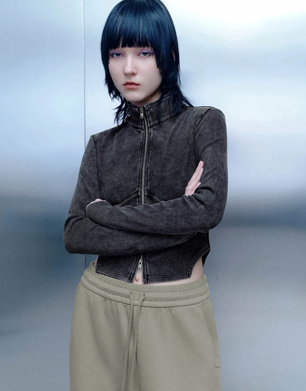 Zipper Front Stand Collar Knitted Shirt sold by Urban Revivo product image thumbnail 3