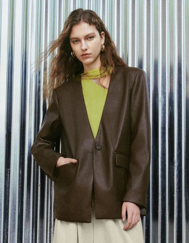 Vegan Leather V-Neck Blazer sold by Urban Revivo