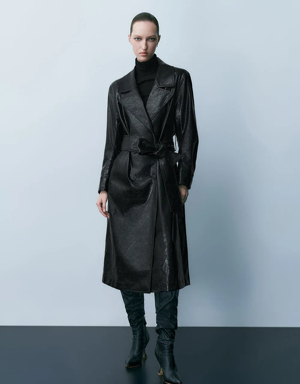 Vegan Leather Straight Coat With Belt sold by Urban Revivo