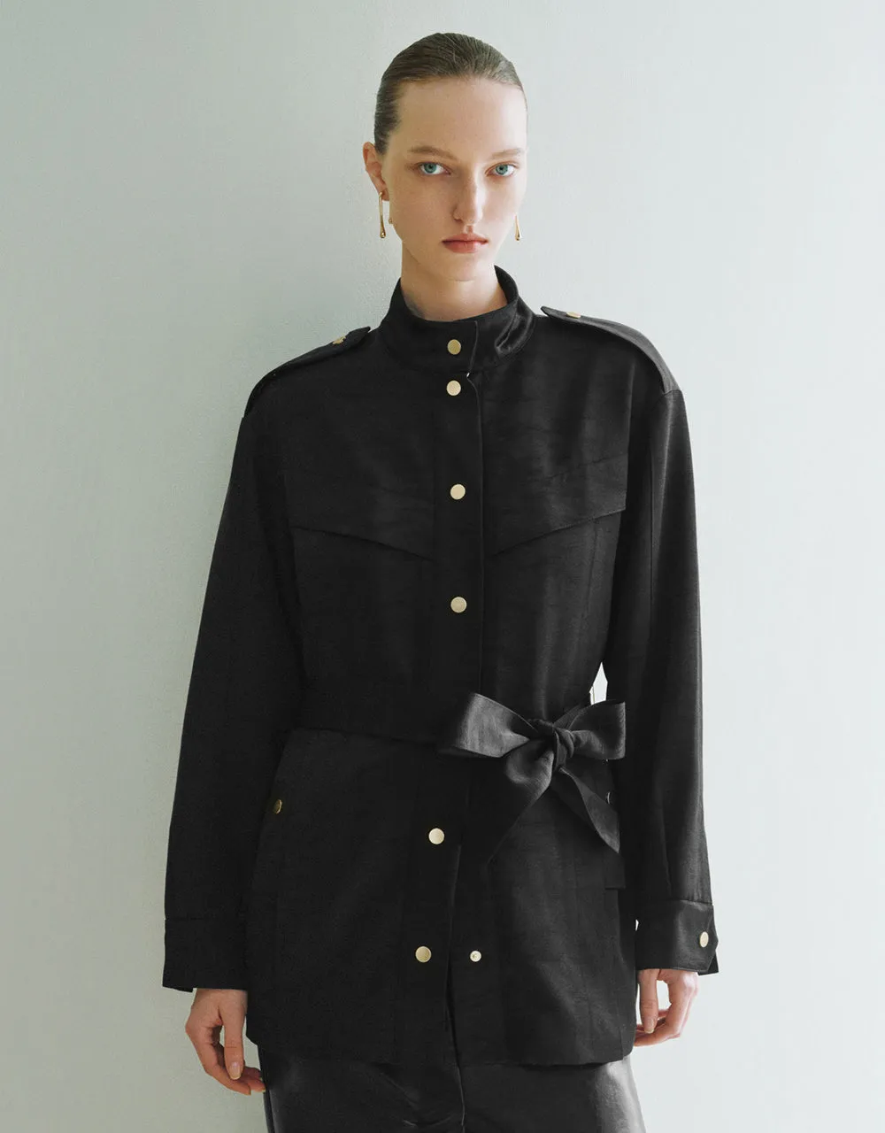 Stand Collar Straight Jacket With Belt sold by Urban Revivo