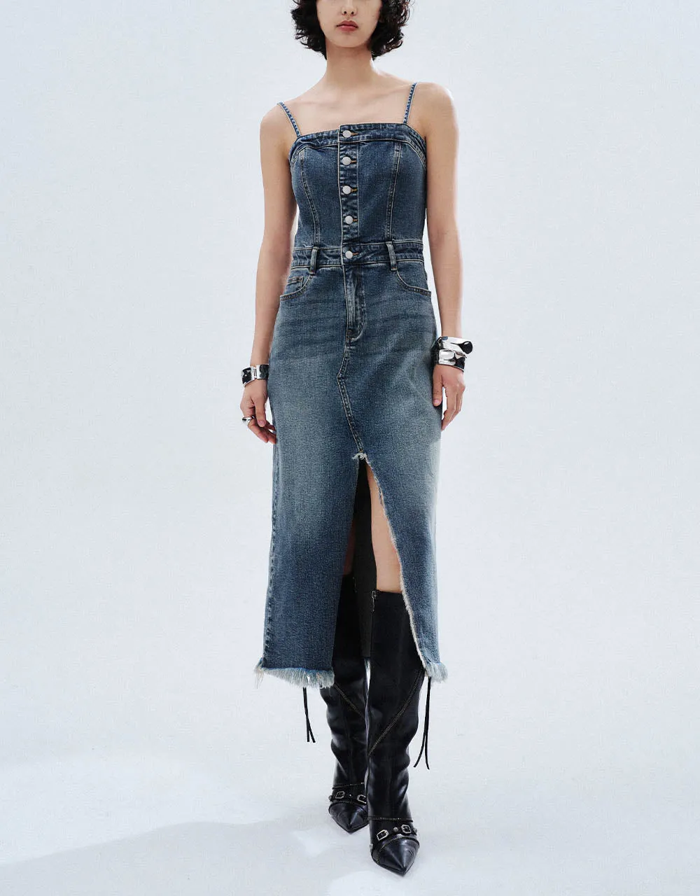Raw Hem Off-Shoulder Denim Cami Dress sold by Urban Revivo product image thumbnail 2