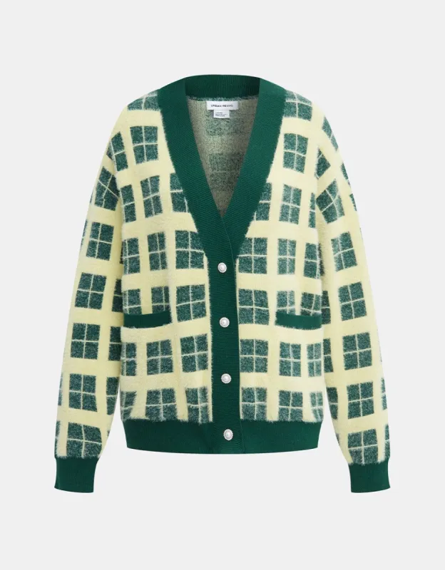 Contrast Trim Plaid Pattern Cardigan sold by Urban Revivo