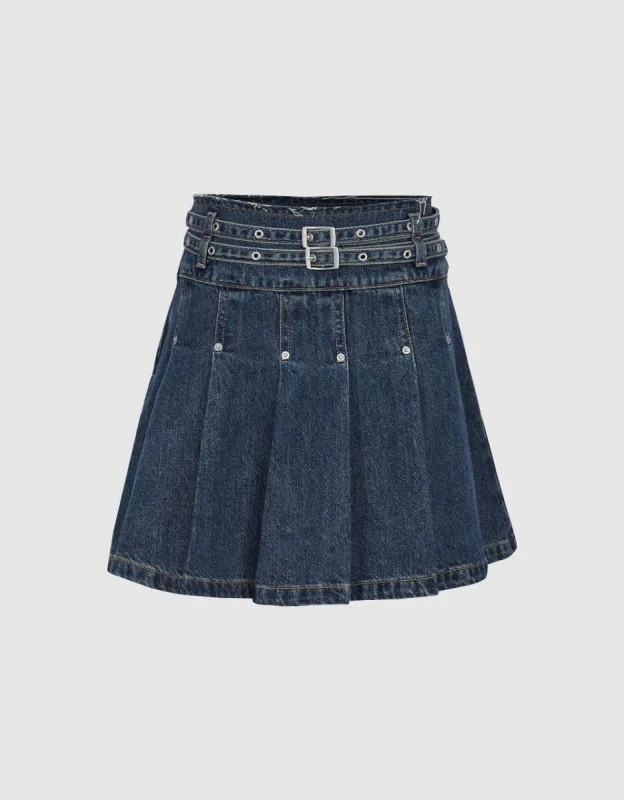 Pleated Mini A-Line Denim Skirt sold by Urban Revivo