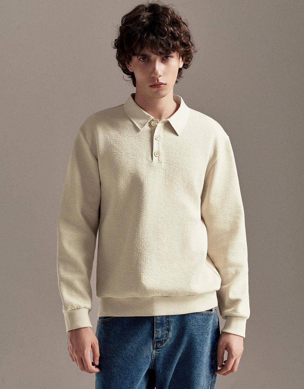 Textured Button Half Placket Polo Shirt sold by Urban Revivo