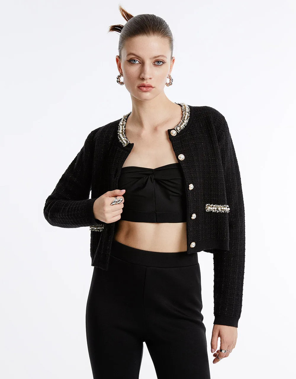 Faux Pearl Decor Tweed Knitted Cardigan sold by Urban Revivo product image thumbnail 3