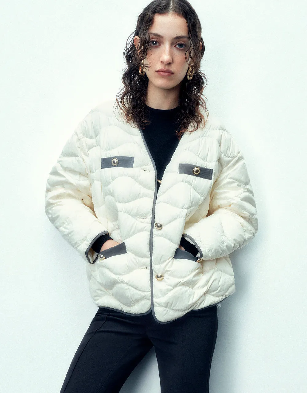 Drop Shoulder Sleeve V-Neck Down Jacket sold by Urban Revivo