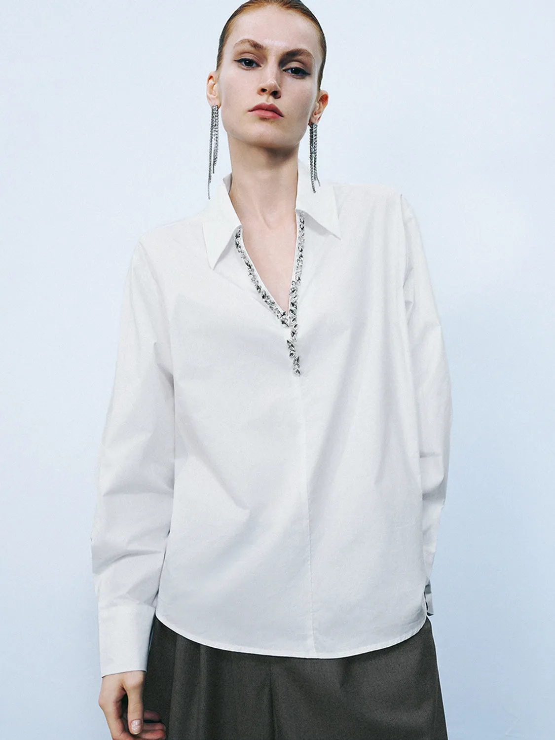 Rhinestone Décor Collared Neck Blouse sold by Urban Revivo