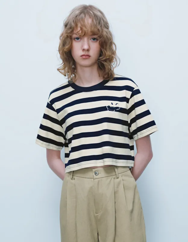 Cropped Striped Crew Neck T-Shirt sold by Urban Revivo