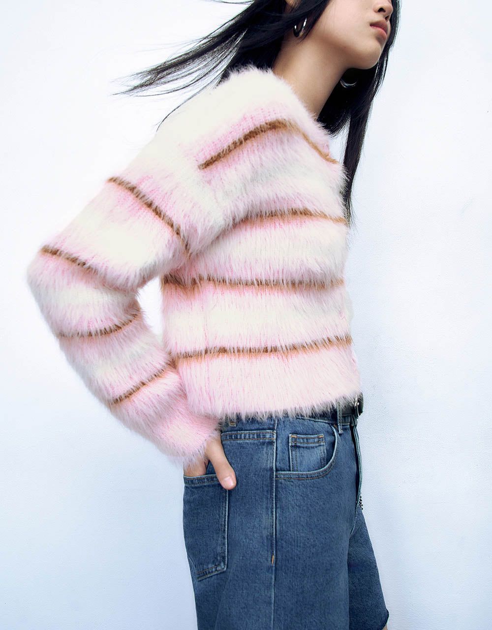 Furry Striped Knitted Cardigan sold by Urban Revivo product image thumbnail 3