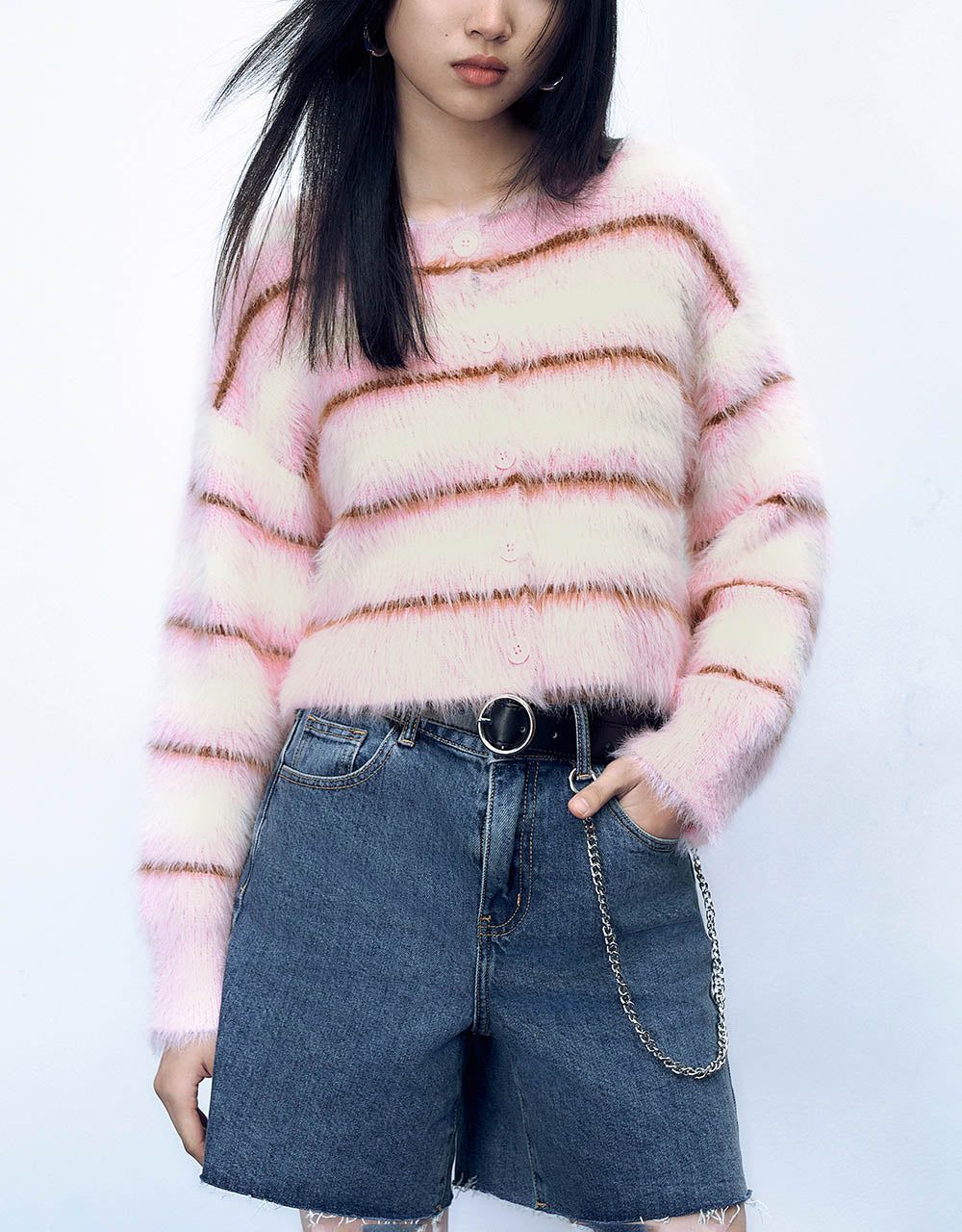 Furry Striped Knitted Cardigan sold by Urban Revivo product image thumbnail 2