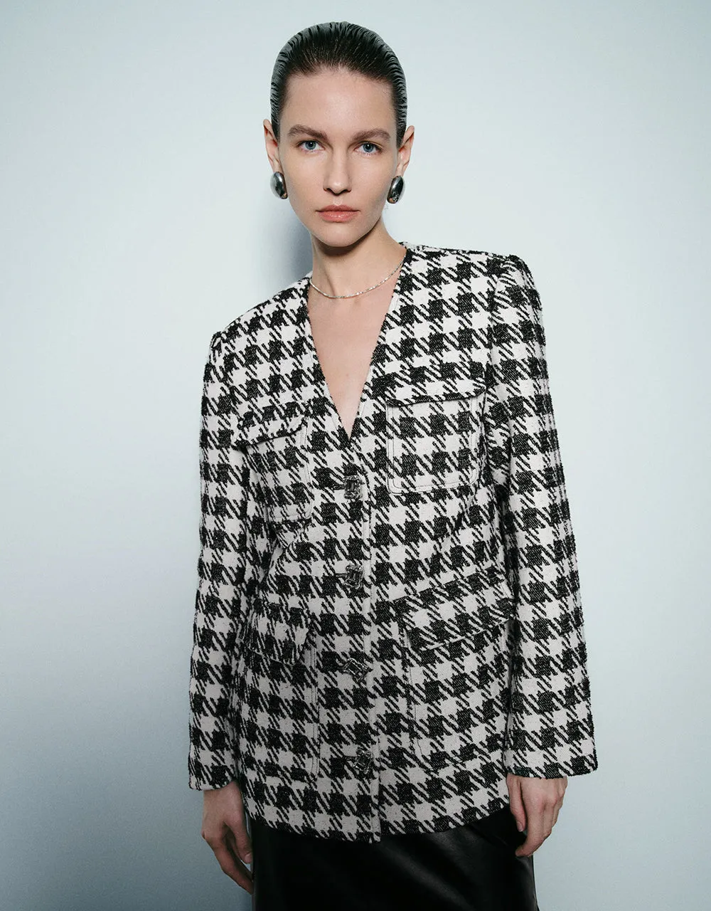 Houndstooth V-Neck Denim Jacket sold by Urban Revivo