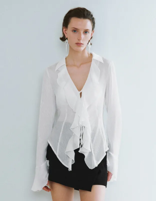 Ruffle Tie Front V-Neck Overhead Shirt sold by Urban Revivo