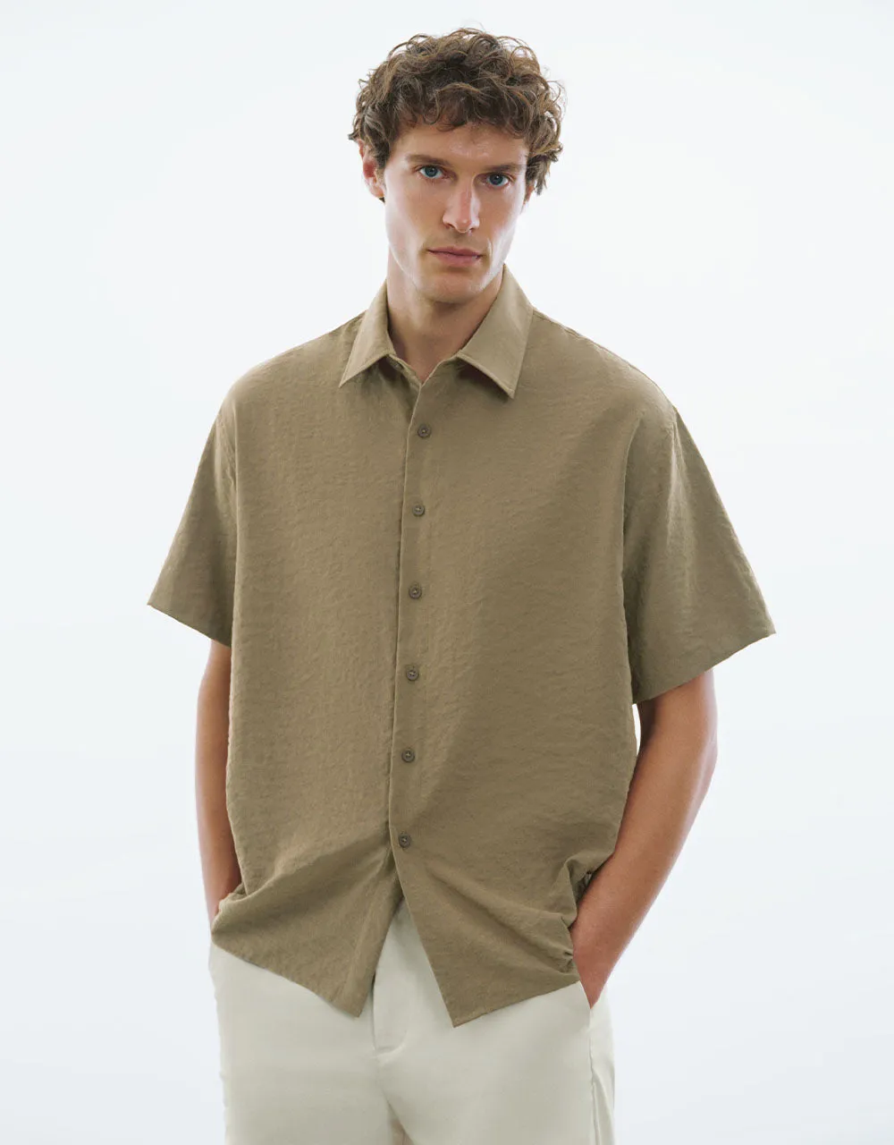 Textured Button Up Loose Shirt sold by Urban Revivo