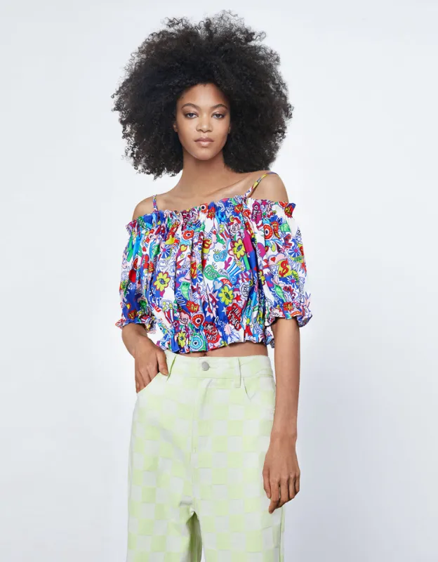 Graffiti Print Off Shoulder Top sold by Urban Revivo