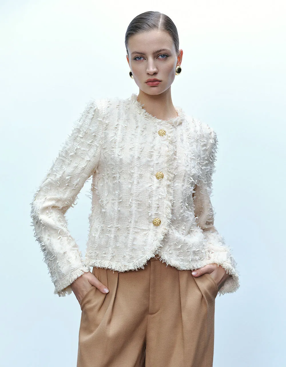 Raw Hem Crew Neck Tweed Jacket sold by Urban Revivo