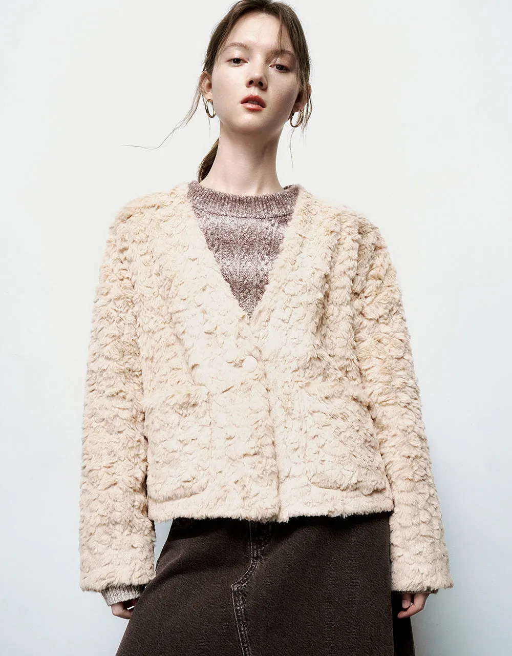 Furry V-Neck Loose Jacket sold by Urban Revivo