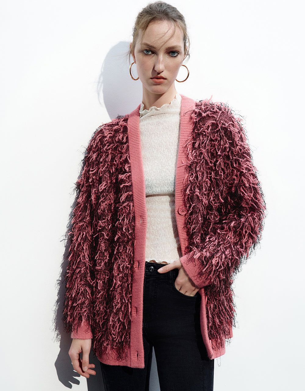 Furry V-Neck Knitted Cardigan sold by Urban Revivo
