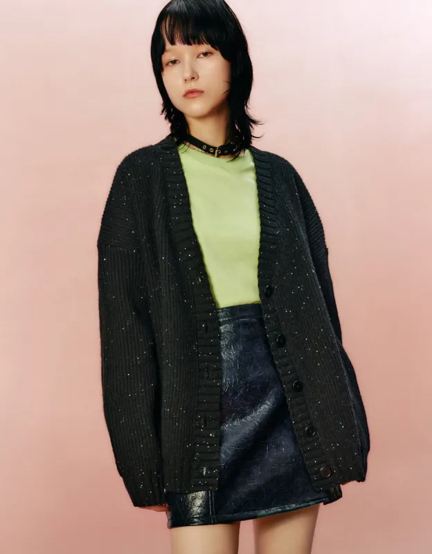 Rhinestone Décor V-Neck Knitted Cardigan made by Urban Revivo