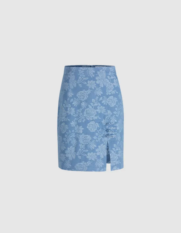 Floral Jacquard Frog Button Denim Skirt made by Urban Revivo