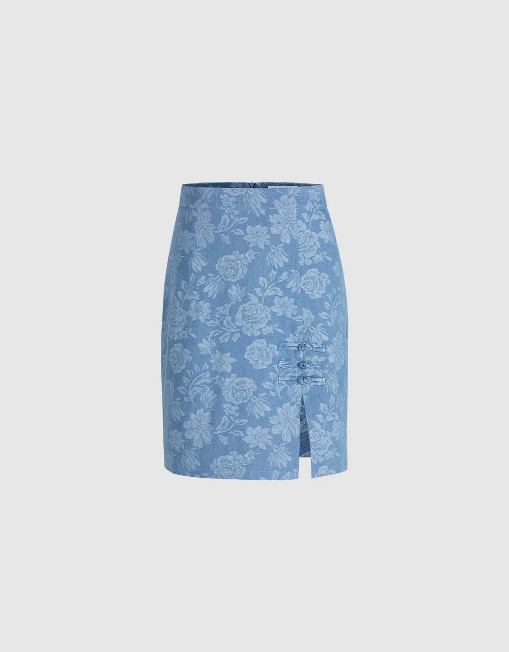Floral Jacquard Frog Button Denim Skirt sold by Urban Revivo