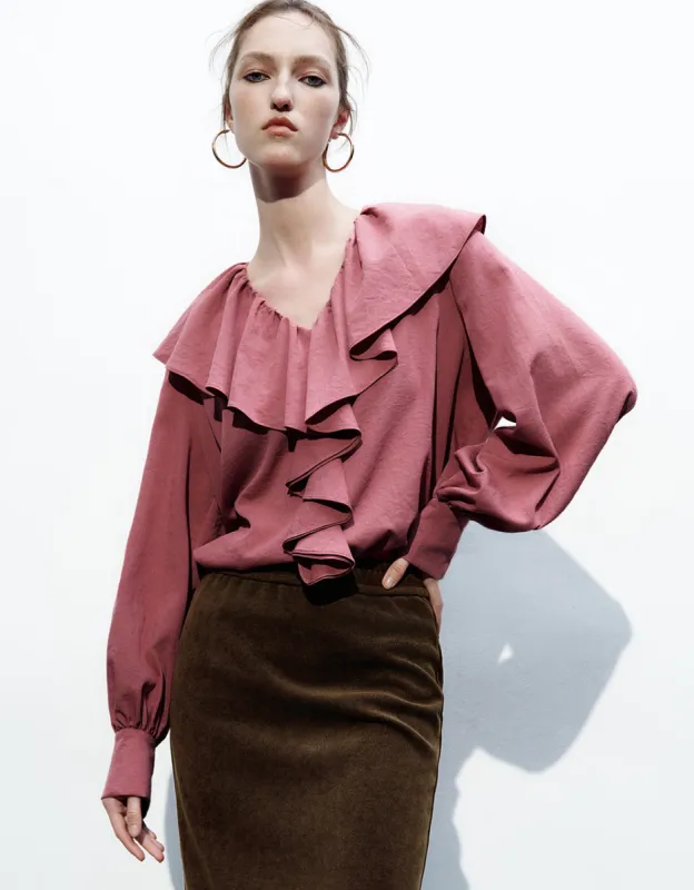Ruffle V-Neck Overhead Shirt sold by Urban Revivo