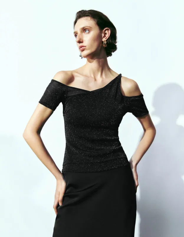 Off-Shoulder Skinny Knitted T-Shirt sold by Urban Revivo