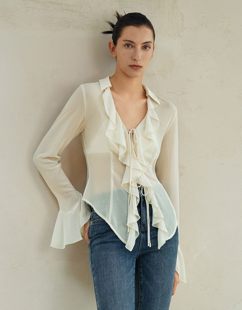 Ruffle V-Neck Overhead Shirt sold by Urban Revivo