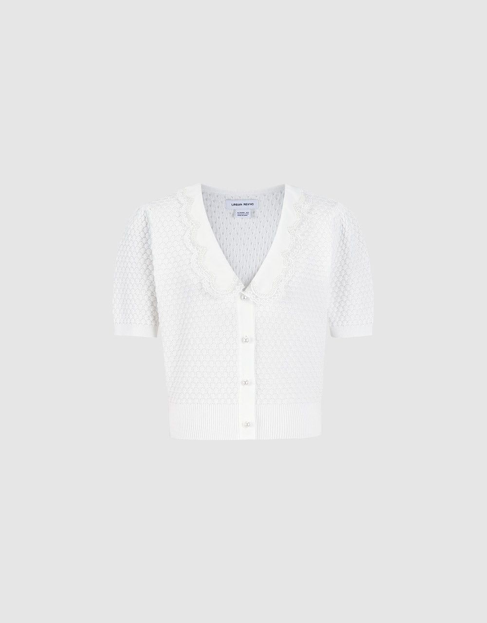 Scallop Trim Contrast Collar Short Sleeve Cardigan sold by Urban Revivo