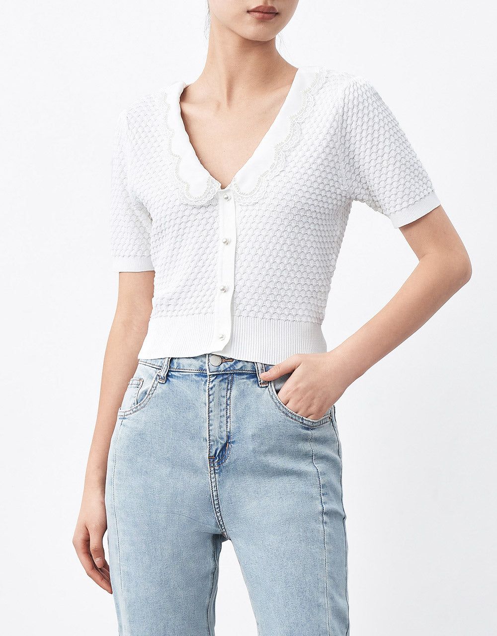 Scallop Trim Contrast Collar Short Sleeve Cardigan sold by Urban Revivo product image thumbnail 5