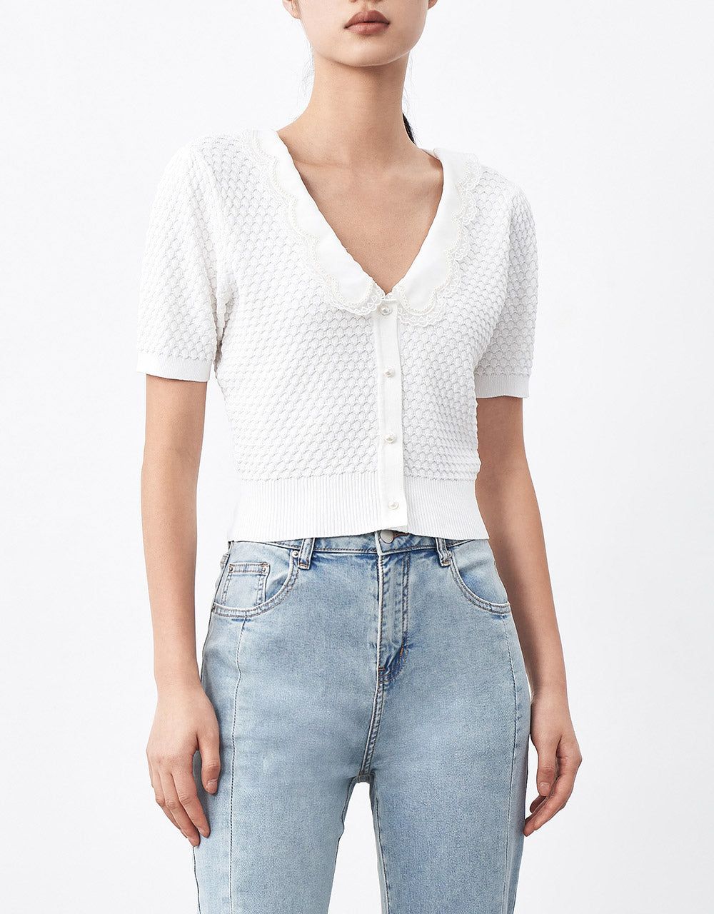 Scallop Trim Contrast Collar Short Sleeve Cardigan sold by Urban Revivo product image thumbnail 2