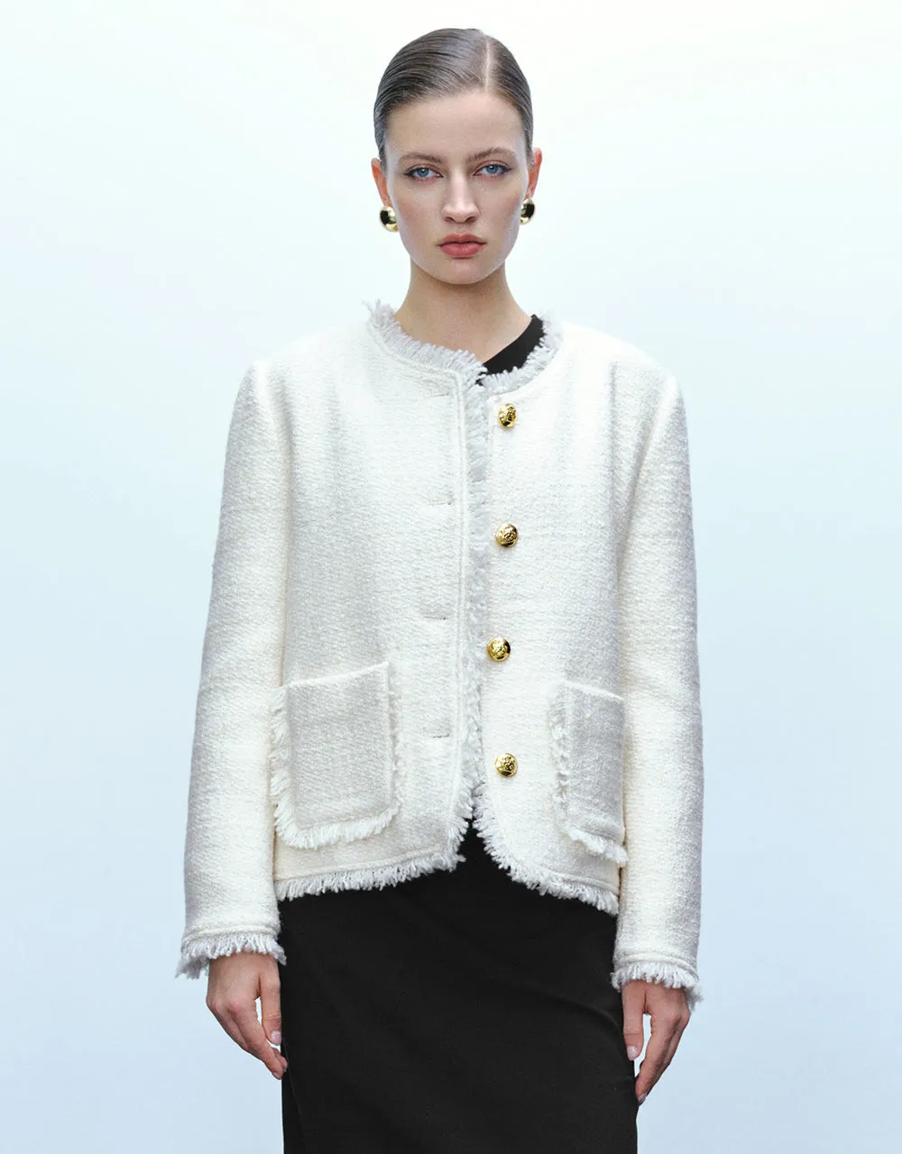 Tweed Raw Hem Crew Neck Jacket sold by Urban Revivo