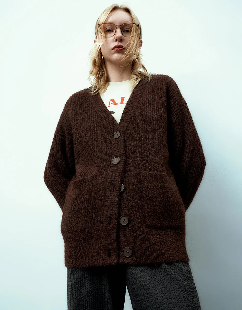 Drop Shoulder Sleeve V-Neck Knitted Cardigan sold by Urban Revivo