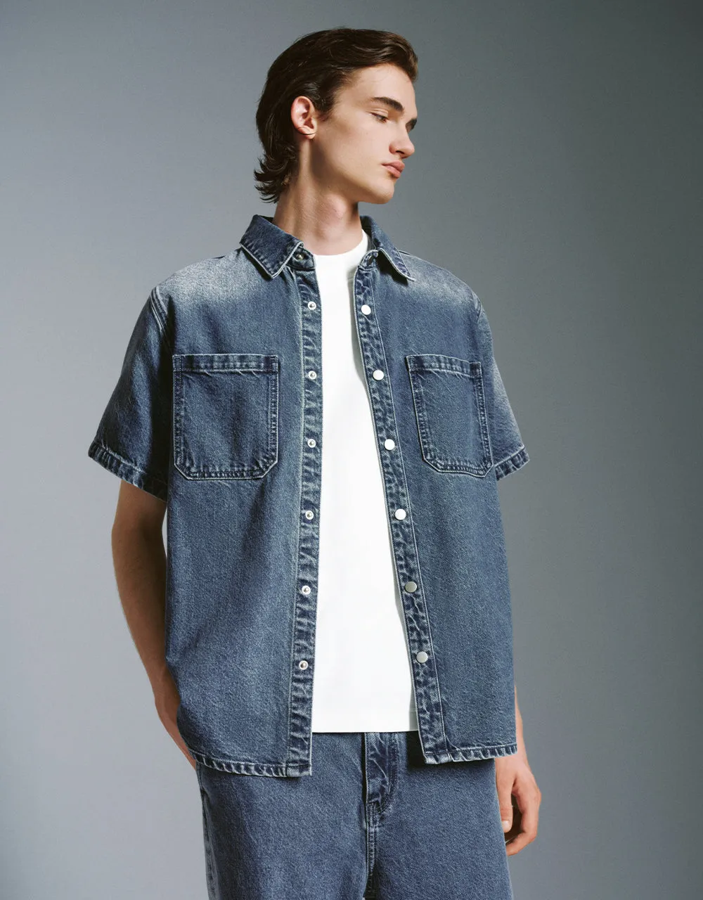 Press Button Straight Denim Shirt sold by Urban Revivo
